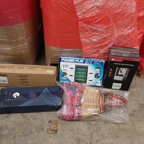 PALLET OF ASSORTED ITEMS INCLUDING: DR.PREPARE ROTARY DEHUMIDIFIER, ARCTIC APEX ICE BATH, TABLE FOOTBALL SET, DRYING RACK, RUG