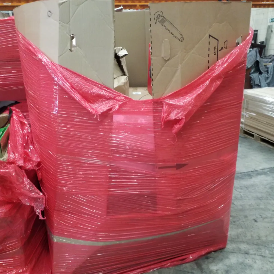 PALLET CONTAINING ASSORTED PRODUCTS INCLUDING PRESSURE WASHER, RUBBER WOODEN SQUARE STOOL, SKATEBOARD CARPET WASHER & CANON MG2551S PRINTER