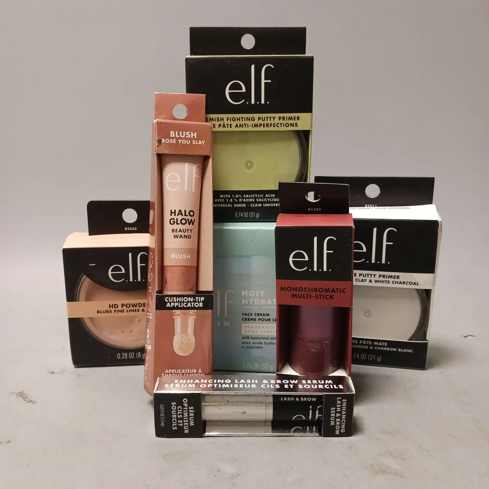 7 ASSORTED ELF HEALTH AND BEAUTY ITEMS TO INCLUDE HALO GLOW BEAUTY WAND IN ROSE YOU SLAY (10ML), MONOCHROMATIC MULTI-STICK IN SPARKLING ROSE (5G), HOLY HYDRATION  FACE CREAM (50G), ETC. 