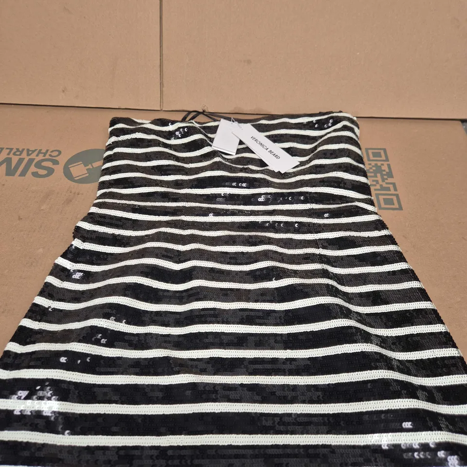 VERONICA BEARD CALA DRESS – BLACK/OFF-WHITE SEQUIN STRIPE – UK 10