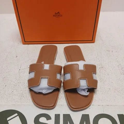 HERMES ORAN LEATHER SANDALS – BROWN, BOXED SIZE 38