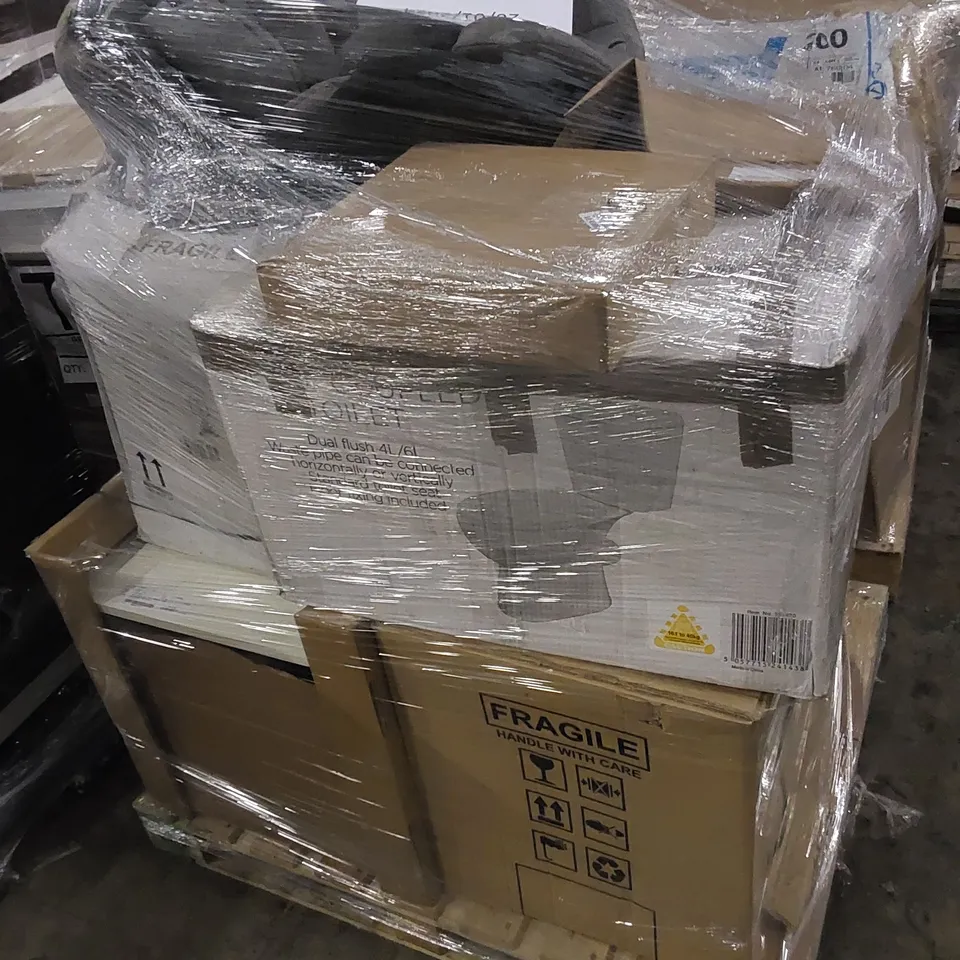 PALLET TO CONTAIN ASSORTED HOUSEHOLD ITEMS. INCLUDING TOILET SEAT, TOILET BASIN, BABY CAR SEAT, BATHROOM UNITS ETC