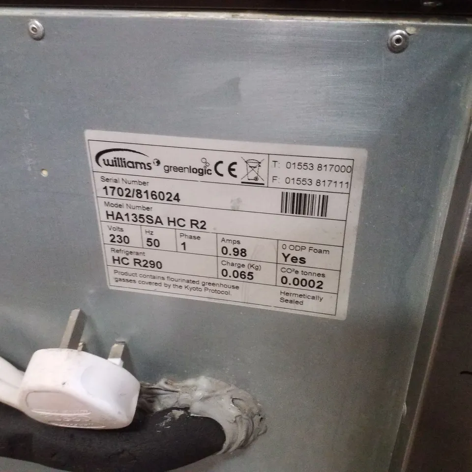 WILLIAMS HA135-SA SINGLE DOOR 135LTR UNDERCOUNTER REFRIGERATOR