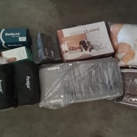PALLET OF ASSORTED ITEMS INCLUDING VIVE WHEELCHAIR ARMRESTS, FEAGAR PILLOW, SISTER CLASSIC PILLOW, LAMICALL PILLOW TABLET HOLDER, BEDSURE FLANNEL BLANKET, CAT PILLOW