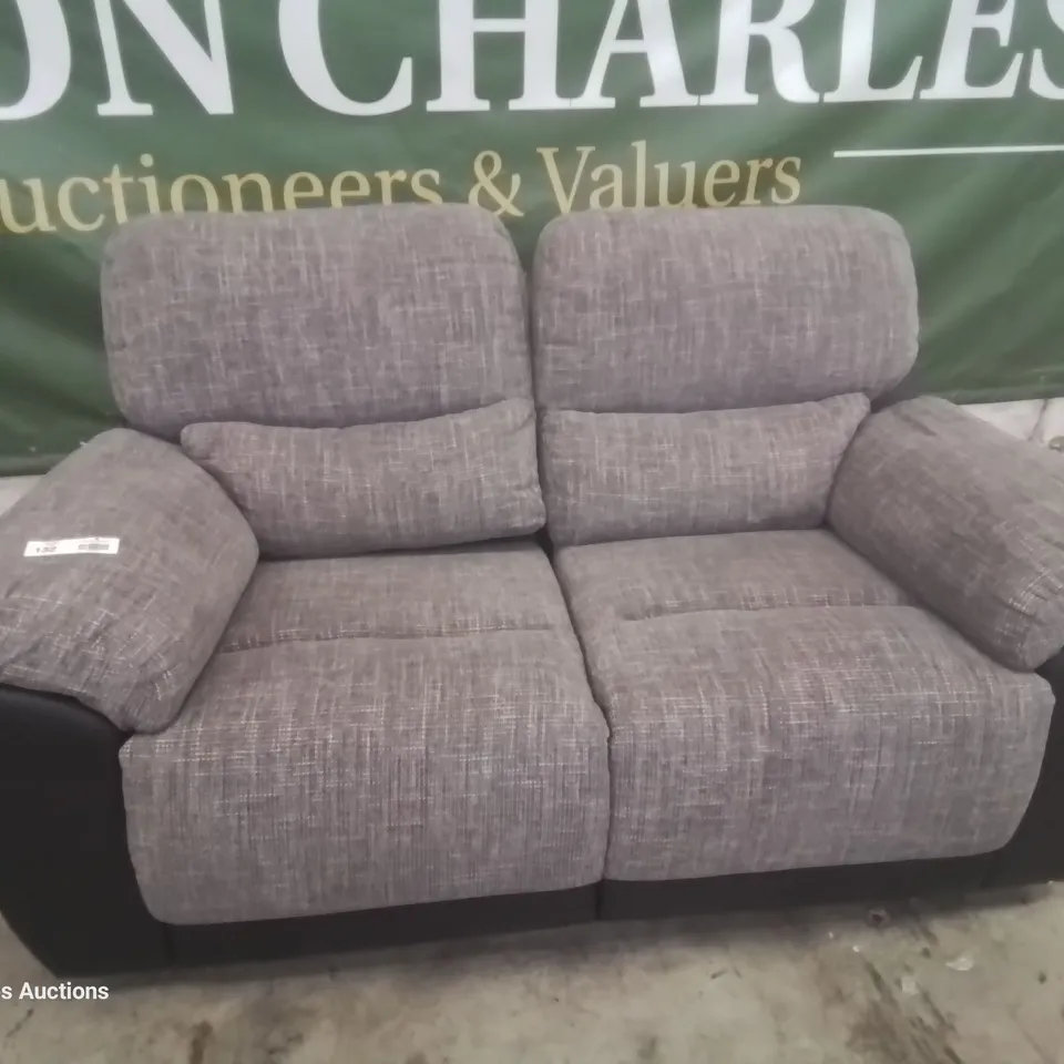 DESIGNER MANUAL RECLINING TWO SEATER SOFA BLACK FAUX LEATHER & GREY FABRIC