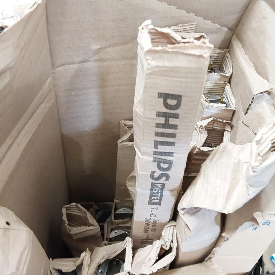 PALLET OF ASSORTED ITEMS INCLUDING: OMNIVIEW U RACK NOUNT CONSOLE, PHILIPS MASTER TL-D SUPER 80 36W/840 FLUORESCENT TUBES, CATALYST 3750 SERIES ETHERNET POE SWITCH, DIGITAL MP3 RADIO SPEAKER ECT