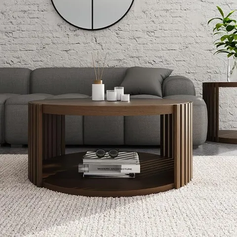 BOXED ZADIE ROUND WALNUT COFFEE TABLE WITH SLATTED SIDES & LOWER SHELF