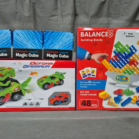 BOX OF APPROXIMATELY 20 ASSORTED TOYS AND GAMES TO INCLUDE DEFORM DINOSAUR, MAGIC CUBE, BALANCE BUILDING BLOCKS, ETC - COLLECTION ONLY