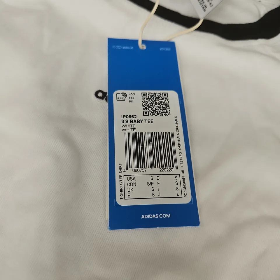 ADIDAS 3 STRIPE BABY TEE IN WHITE/BLACK - SIZE S