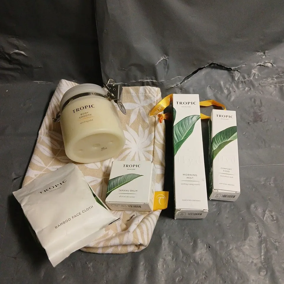 TROPIC SKINCARE LOT OF 5 ASSORTED PRODUCTS TO INCLUDE - MORNING MIST SOOTHING TONING ESSENCE - SMOOTHING CLEANSER - BODY SMOOTH REFRESHING POLISH - ETC
