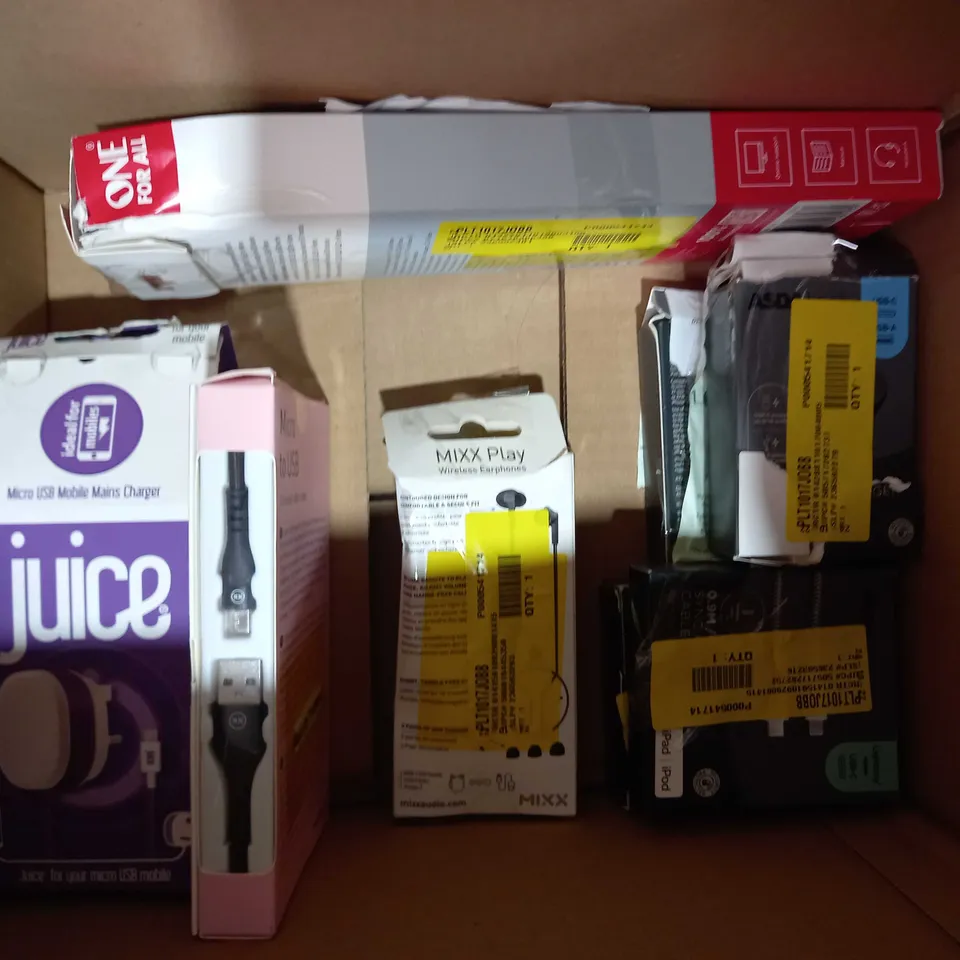 BOX OF APPROXIMATELY 10 ASSORTED ELECTRICAL ITEMS TO INCLUDE ASDA TECH TRUE WIRELESS EARBUDS, ONN LANDLINE PHONE, ASDA TECH WIRELESS EARBUDS, ETC