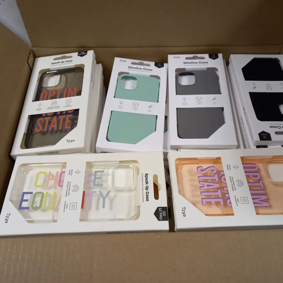 BOX OF APPROXIMATELY 50 TYPO PHONES CASES ('SLIMLINE CASE' & 'SPEAK UP CASE') FOR IPHONE 12 MINI, 12/12PRO IN VARYING COLOURS