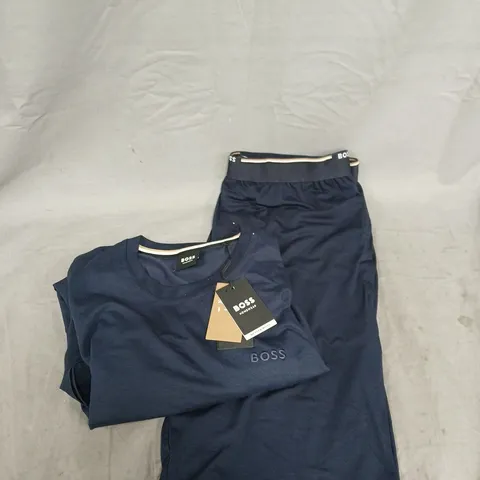 BOSS HOMEWEAR REGULAR FIT COMFORT STRETCH LOUNGE SET – TOP & SHORTS, NAVY, SIZE UK S