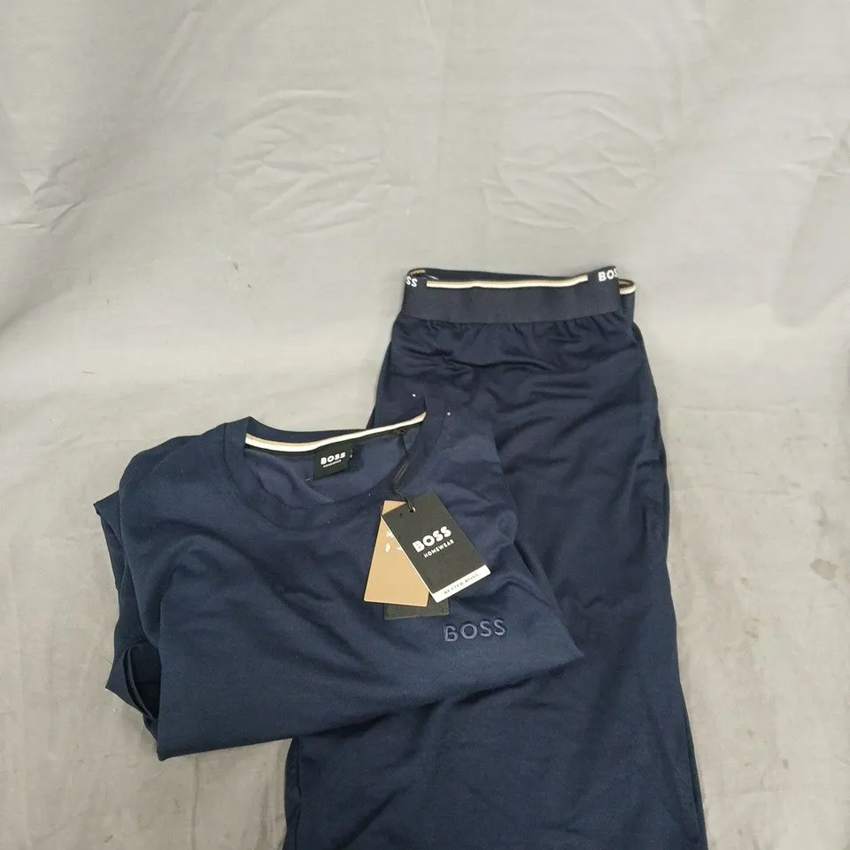 BOSS HOMEWEAR REGULAR FIT COMFORT STRETCH LOUNGE SET – TOP & SHORTS, NAVY, SIZE UK S