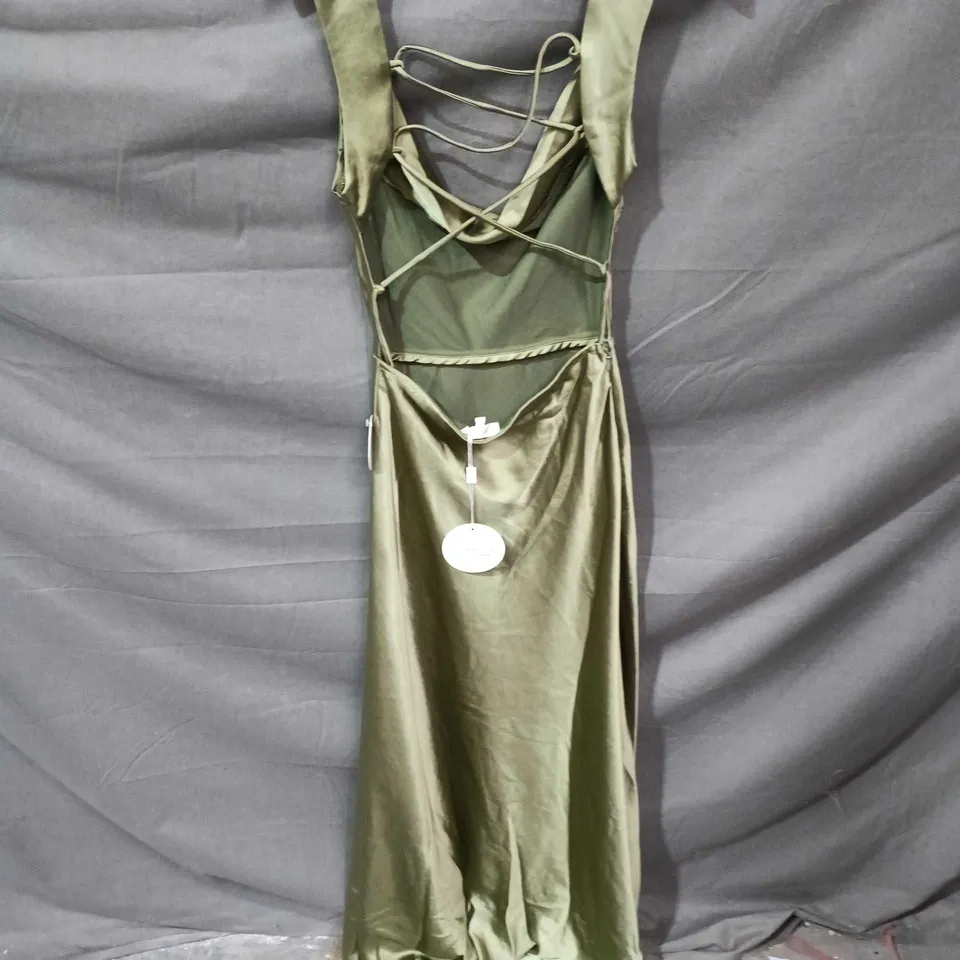 OHHELLO CLOTHING OLIVE GREEN SATIN MAXI DRESS – UK SIZE S (STYLE JY24002)