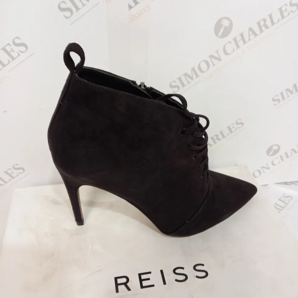 BOXED REISS SUEDE CHOCOLATE BOOT HEELS - SIZE 6