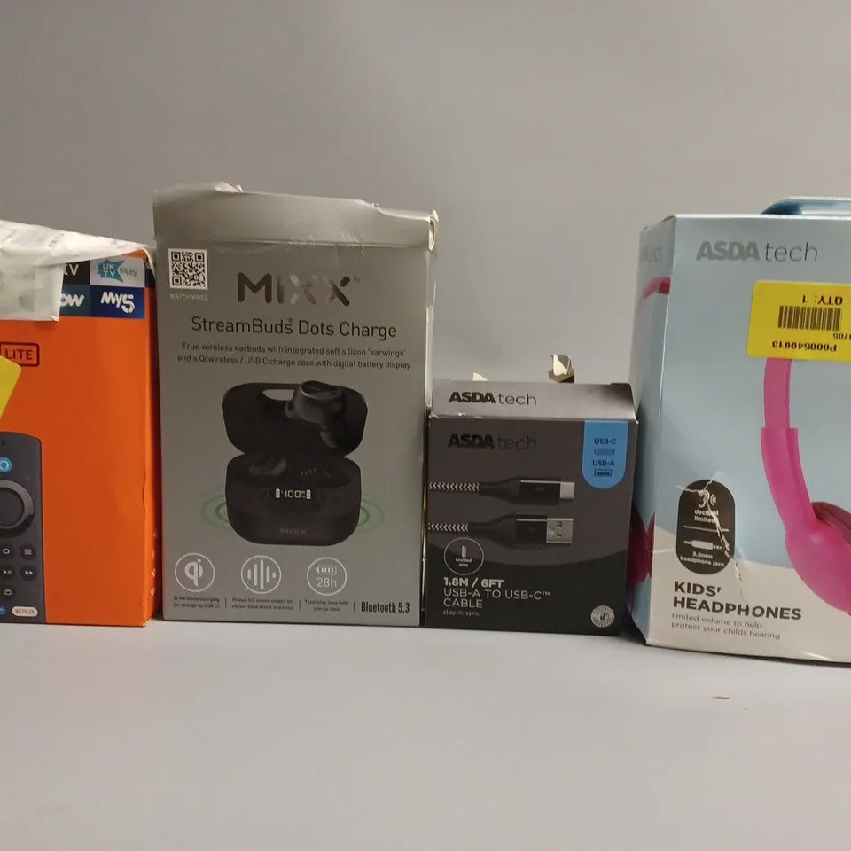 APPROXIMATELY 20 ASSORTED ELECTRICAL ITEMS TO INCLUDE FIRE STICKS , MIXX 0X1 HEADPHONES, CHARGERS, ETC