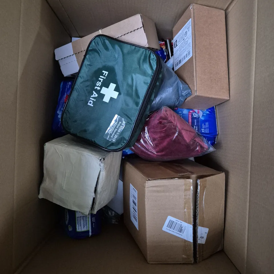 APPROXIMATELY 15 ASSORTED HOUSEHOLD PRODUCTS TO INCLUDE TENA PADS, FIRST AID KIT, SHOWER PIPING ETC 