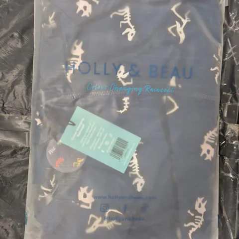 BOX OF APPROXIMATELY 30 HOLLY & BEAU COLOUR CHANGING RAINCOATS IN NAVY W. DINO SKELETON DESIGN - SIZES 7-8