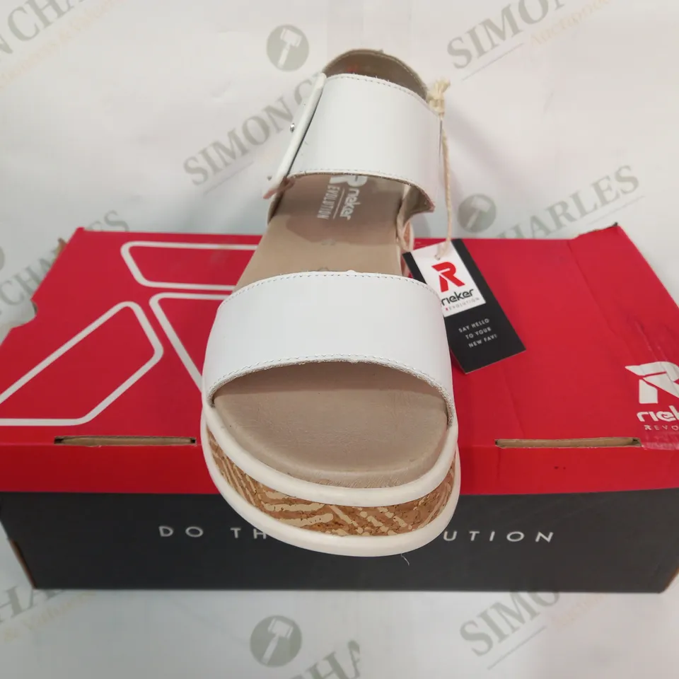 BOXED PAIR OF RIEKER REVOLUTION OPEN TOE LOW WEDGE SANDALS IN WHITE EU SIZE 39
