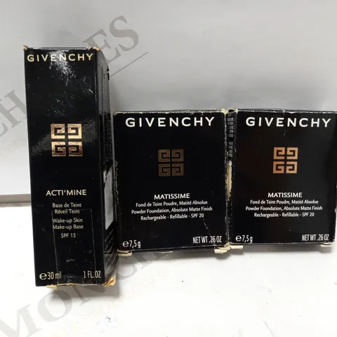 LOT OF 3 ASSORTED GIVENCHY PRODUCTS TO INCLUDE ACTI'MINE MAKUP-UP BASE 30ML & 2 X MATISSIME POWDER FOUNDATION REFILL - 18 MAT COPPER & 19 MAT BRONZE