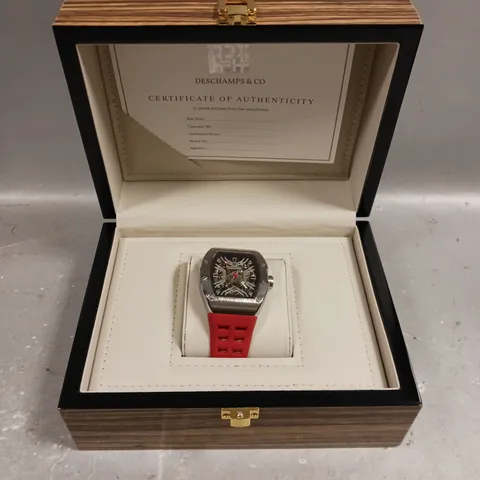 MENS AUTOMATIC DESCHAMPS & CO WATCH – SKELETON DIAL – GLASS EXHIBITION BACK CASE – RUBBER STRAP