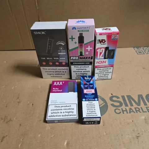 LOT OF APPROXIMATELY 20 ASSORTED ELECTRONIC CIGARETTE ITEMS TO INCLUDE HAYATI PRO MAX, SMOK POD AND JUUL 2 REFILL PODS