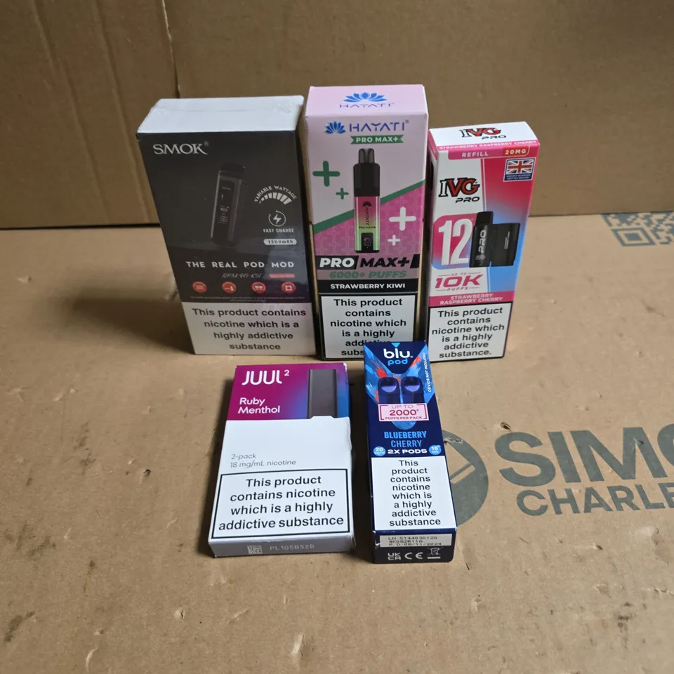 LOT OF APPROXIMATELY 20 ASSORTED ELECTRONIC CIGARETTE ITEMS TO INCLUDE HAYATI PRO MAX, SMOK POD AND JUUL 2 REFILL PODS