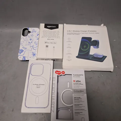 TOTE OF APPROXIMATELY 15 ASSORTED ITEMS TO INCLUDE -3 IN 1 WIRELESS CHARGER , TECH 21 PHONE CASE , IPHONE 16 PRO MAX PHONE CASES ETC