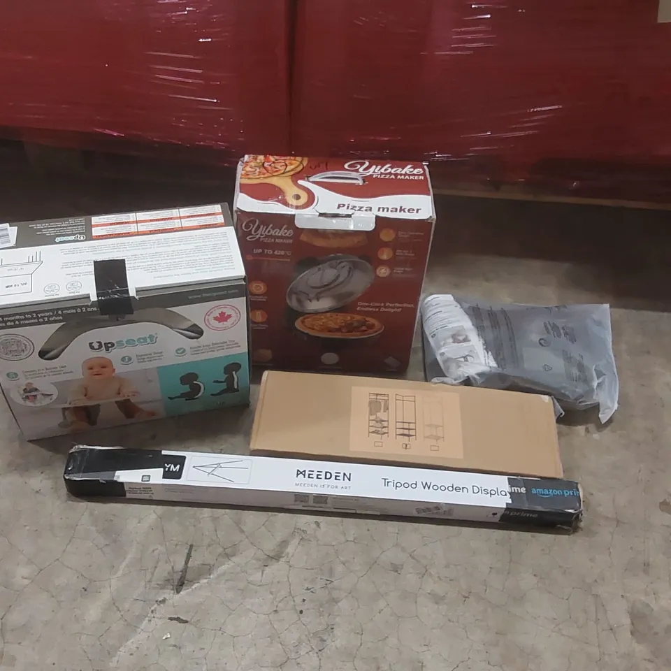 PALLET CONTAINING ASSORTED ITEMS TO INCLUDE: BABY UPSEAT, TRIPOD WOODEN EASEL, SHELF, PIZZA MAKER, DOG LIFT SLING ECT