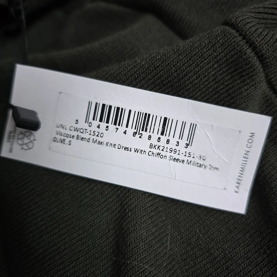 KAREN MILLEN OLIVE VISCOSE-BLEND MAXI KNIT DRESS WITH CHIFFON SLEEVE MILITARY TRIM