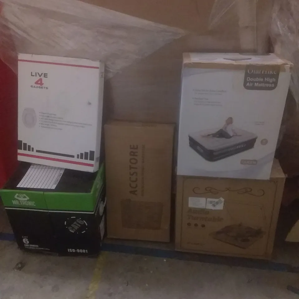 PALLET OF ASSORTED ITEMS INCLUDING DOUBLE AIR MATTRESS, AUDIO TURNTABLE, NON WOVEN FABRIC WARDROBE, NETWORK CABLE, TOILET SEAT