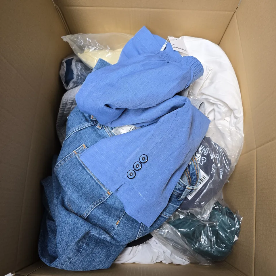 LARGE BOX OF APPROXIMATELY 20 ASSORTED CLOTHING ITEMS IN VARIOUS SIZES, STYLES AND COLOURS