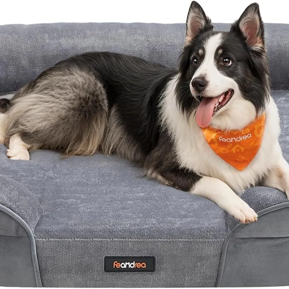 BOXED FEANDREA DOG BED, LARGE ORTHOPAEDIC DOG SOFA BED - LIGHT GREY 
