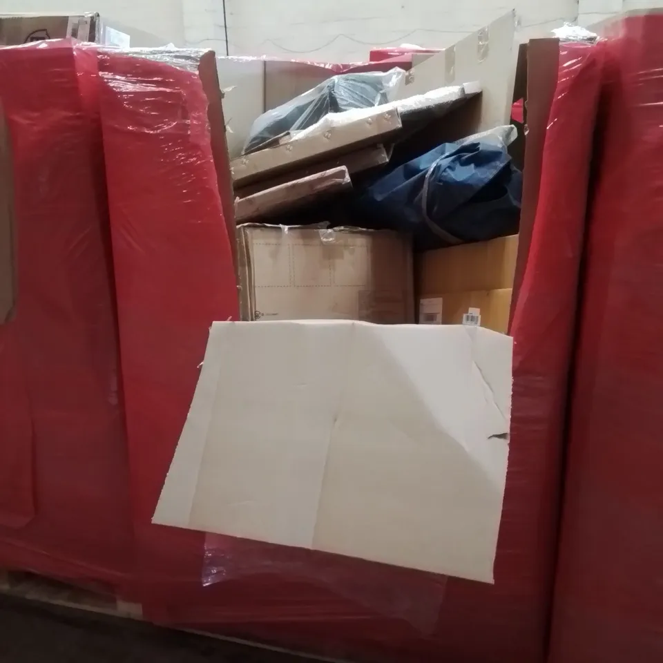 PALLET OF ASSORTED HOUSEHOLD GOODS AND PRODUCTS TO INCLUDE; DOORWAY CHIN-UP BARS, ROUND SIDE TABLE, SHOWER ITEM, BOXED FURNITURE ETC 