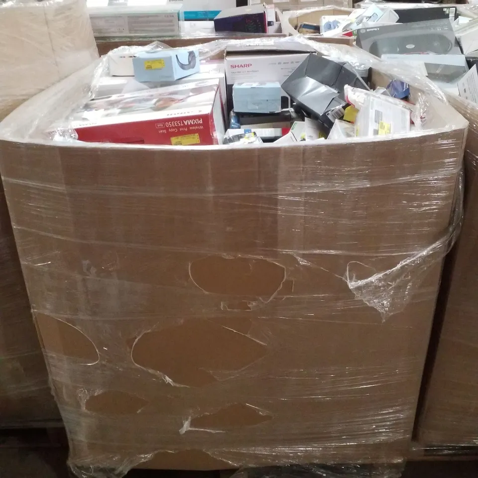 PALLET CONTAINING ASSORTED ELECTRICAL PRODUCTS INCLUDING WIRELESS KEYBOARD AND MOUSE COMBO SETS, WIRELESS HEADPHONES, CANON PIXMA TS3350 PRINTER, HDMI DVD PLAYER & BLUETOOTH CD BOOMBOX 