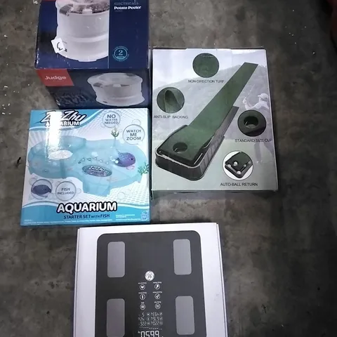PALLET OF HOUSEHOLD ITEMS TO INCLUDE POTATO PEELER, GOLF PUTTING, AQUARIUM STARTER SET,SCALES AND OTHER ASSORTED ITEMS...