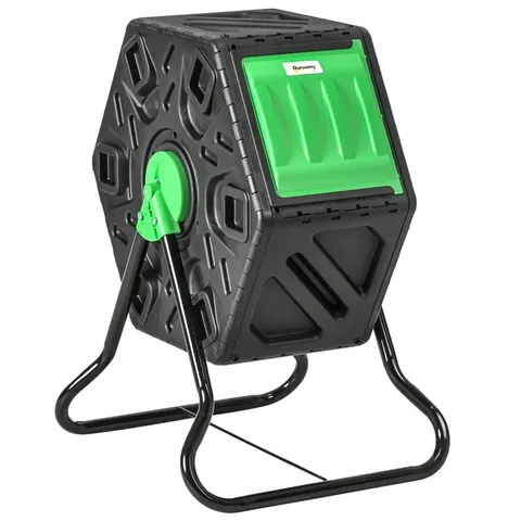 BOXED OUTSUNNY 65L GARDEN COMPOST BIN, SINGLE CHAMBER ROTATING COMPOSTER, COMPOST MAKER WITH 24 VENTILATION OPENINGS AND STEEL LEGS (1 BOX)
