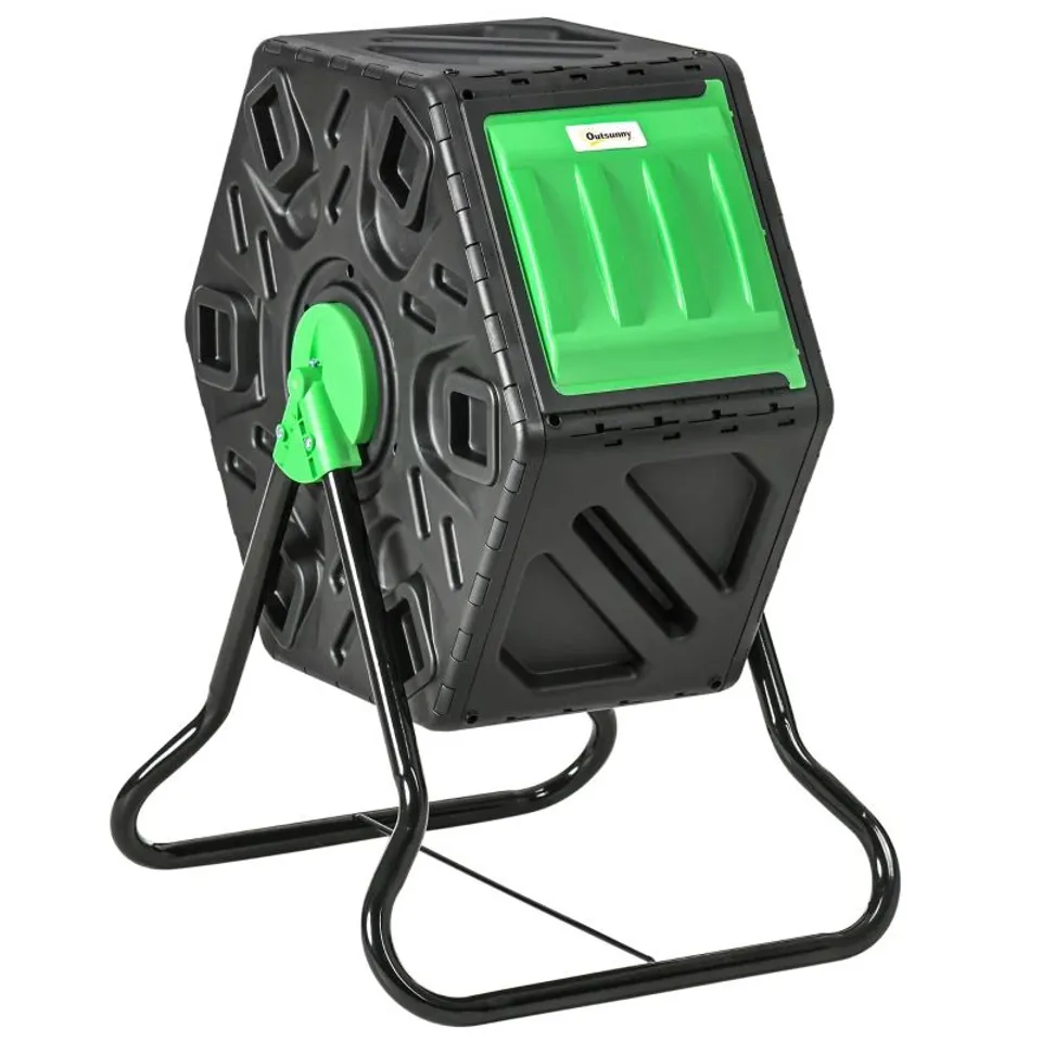 BOXED OUTSUNNY 65L GARDEN COMPOST BIN, SINGLE CHAMBER ROTATING COMPOSTER, COMPOST MAKER WITH 24 VENTILATION OPENINGS AND STEEL LEGS (1 BOX)