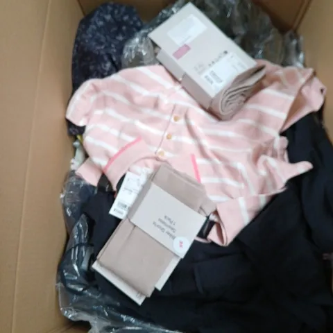 BOX OF APPROXIMATELY 60 ASSORTED CLOTHING ITEMS IN VARIOUS STYLES , COLOURS AND SIZES