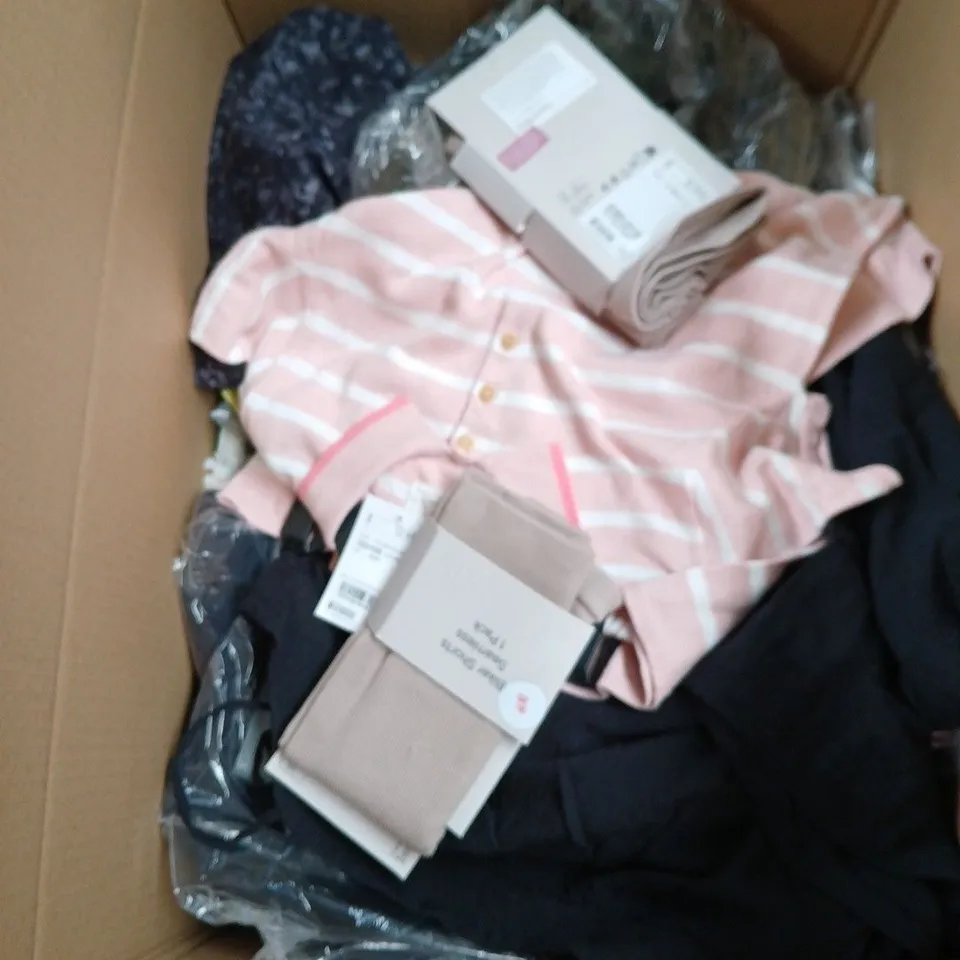 BOX OF APPROXIMATELY 60 ASSORTED CLOTHING ITEMS IN VARIOUS STYLES , COLOURS AND SIZES