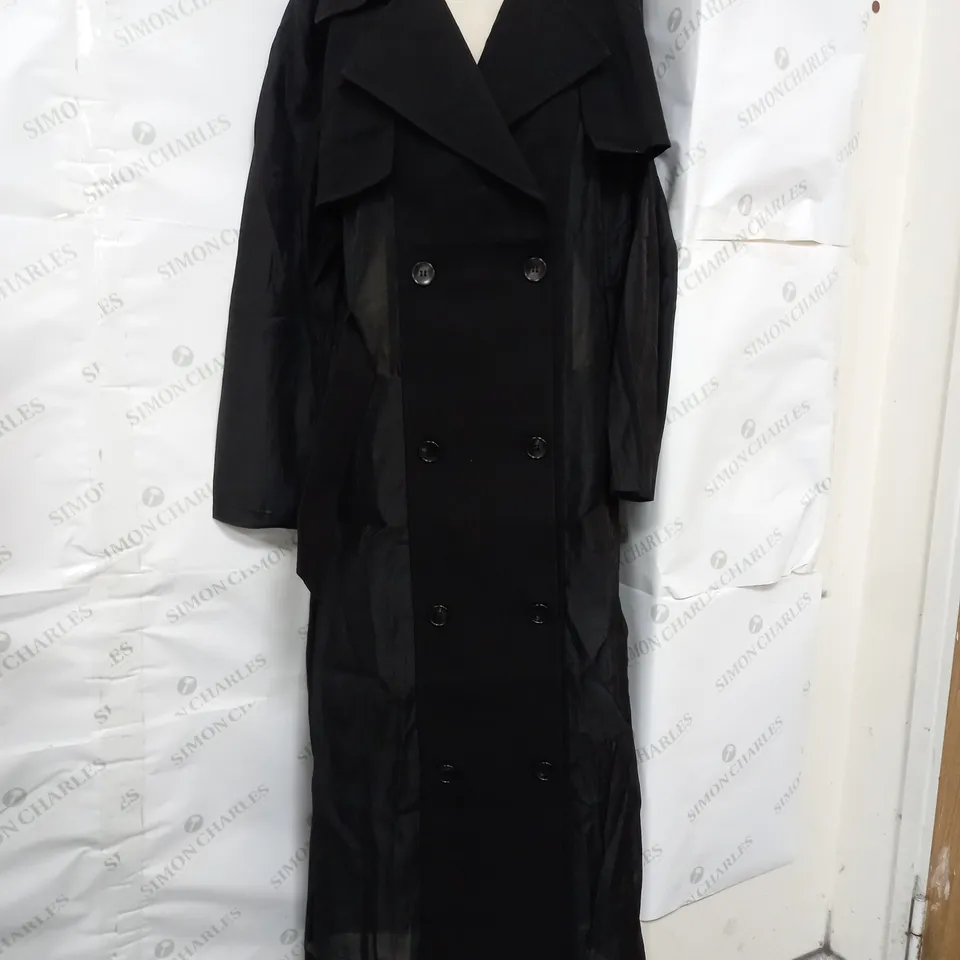 KAREN MILLEN SHEER PANEL DETAIL BELTED TRENCH COAT IN BLACK - SIZE 14