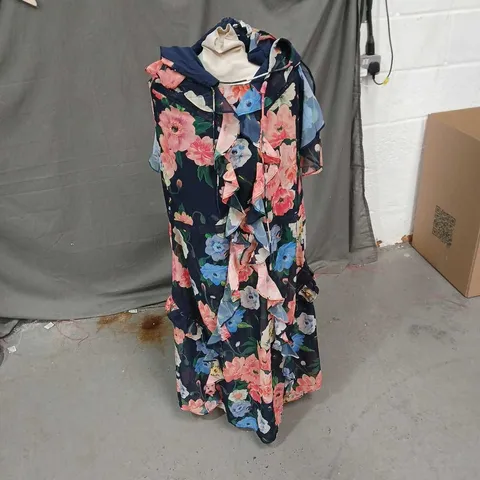IVY FLORAL MAXI DRESS WITH RUFFLES – NAVY WITH PINK/BLUE FLOWERS, SIZE 14