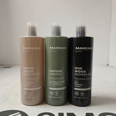 MANCAVE BATH & HAIR CARE TRIO – HINOKI WOOD & OUD WOOD SHOWER GEL + CAFFEINE SHAMPOO (500ML EACH)