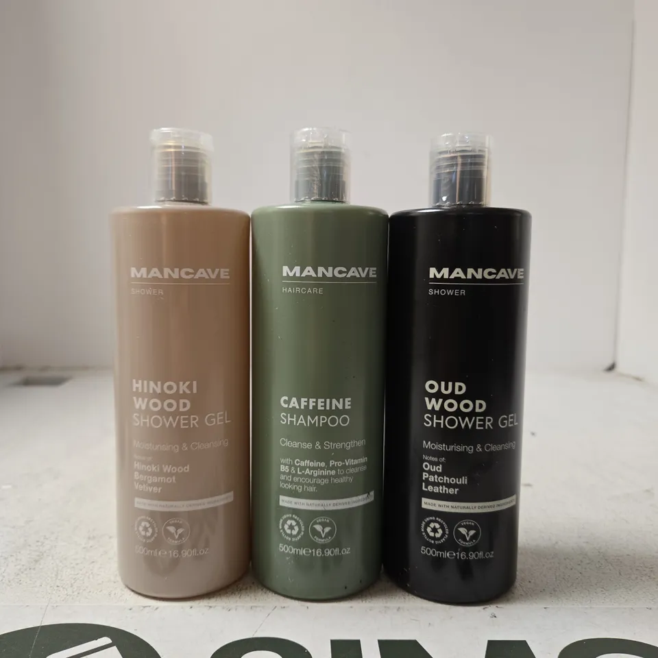 MANCAVE BATH & HAIR CARE TRIO – HINOKI WOOD & OUD WOOD SHOWER GEL + CAFFEINE SHAMPOO (500ML EACH)