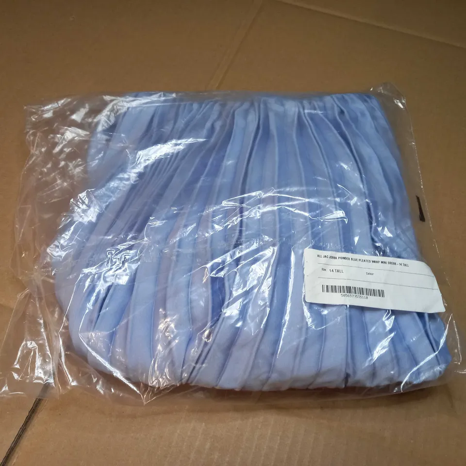 PACKAGED ALL JAC JOSSA POWDER BLUE PLEATED WRAP MINI DRESS - SIZE 14 TALL