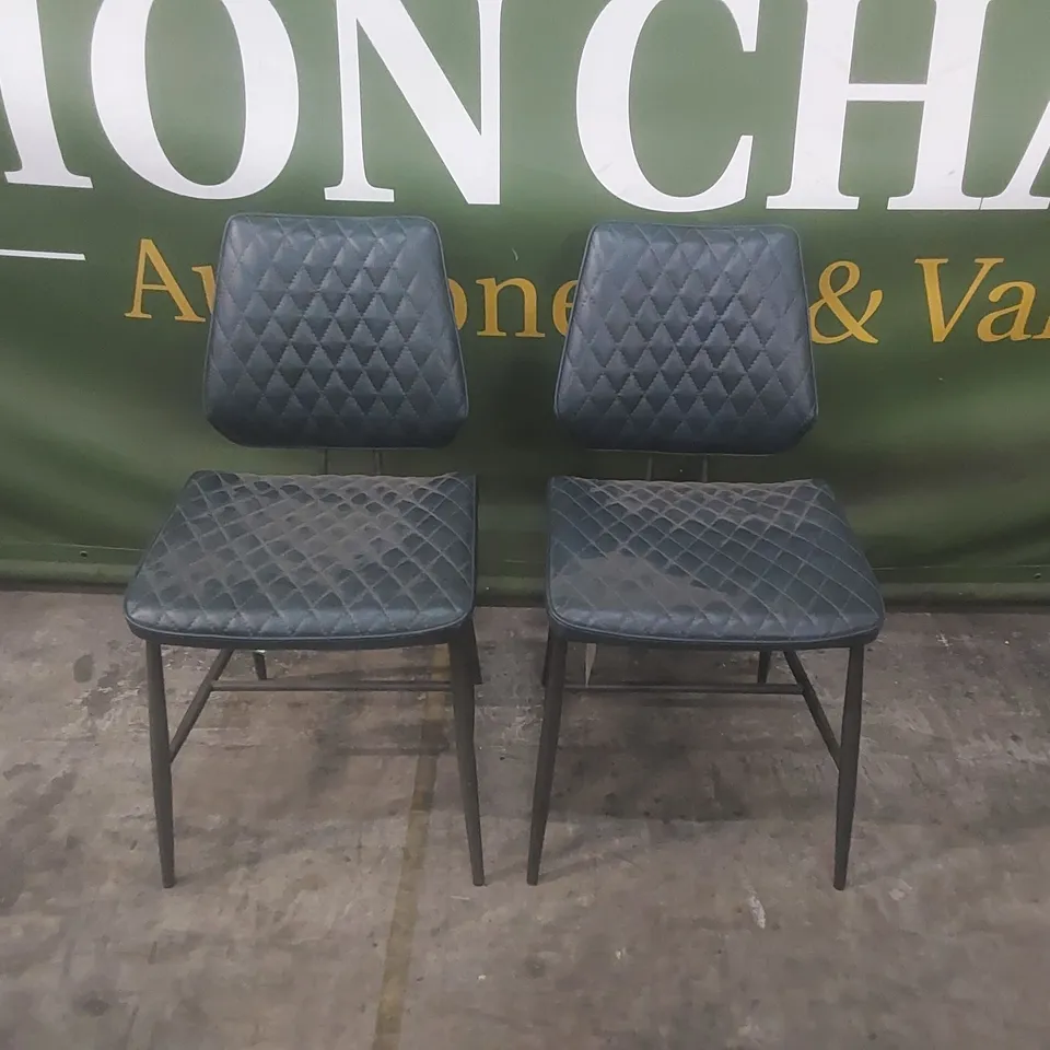 SET OF 2 DESIGNER NAVY LEATHER UPHOLSTERED DINING CHAIRS 