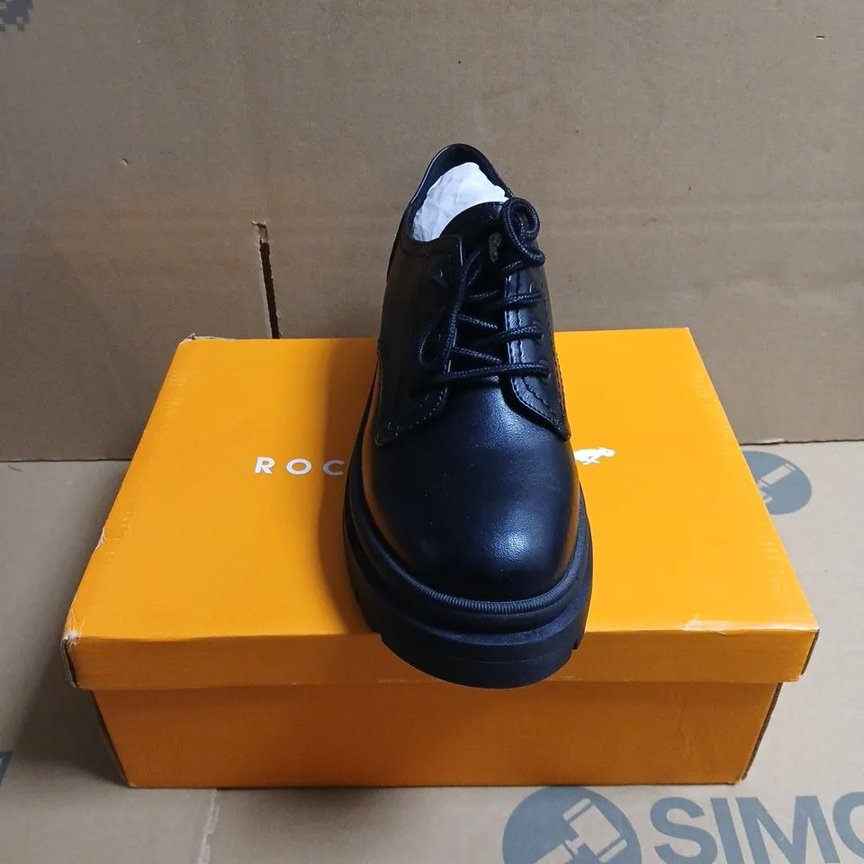 BOXED PAIR OF ROCKET DOG BLACK LEATHER-LOOK PLATFORM SHOES, UK 5 