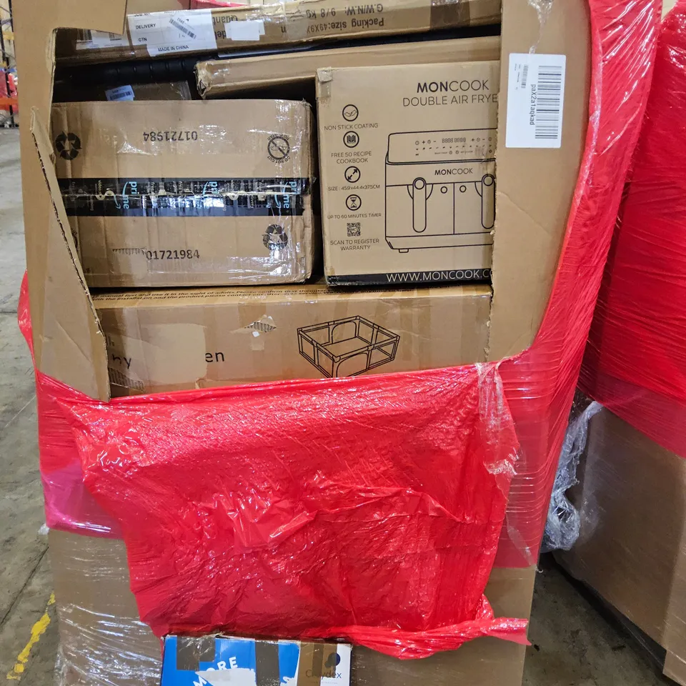 PALLET OF ASSORTED ITEMS TO INCLUDE, EXTENDING LADDER, DOUBLE AIRFRYER, TOILET SEAT,  LAUNDRY HAMPER, 
