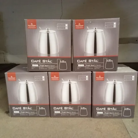 5 x BOXED GRUNWERG CAFE STAL SUGAR BOWL & SPOON SETS 